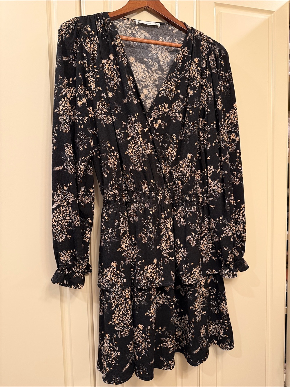 Mango Black Long-Sleeve Floral Wrap-Style Dress